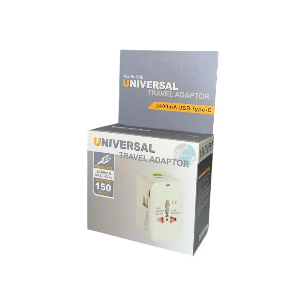 All In One Universal International Travel Plug Adapter + 2 USB Ports + 1 Type-C (125v-250v/6A /2400mA)